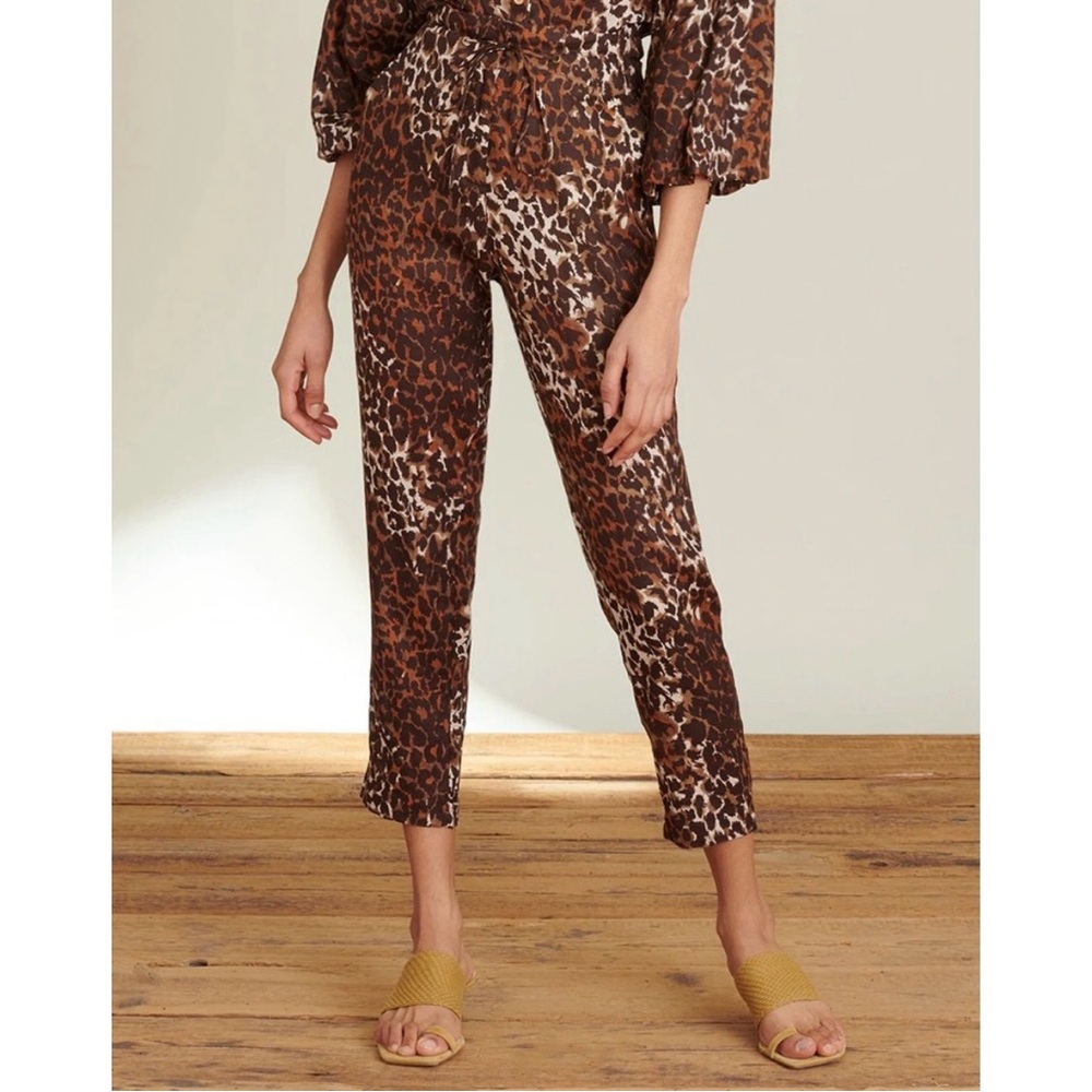 NWT Veronica Beard Oksana Linen Straight Leg Pull On Pant in Brown Leopard Print